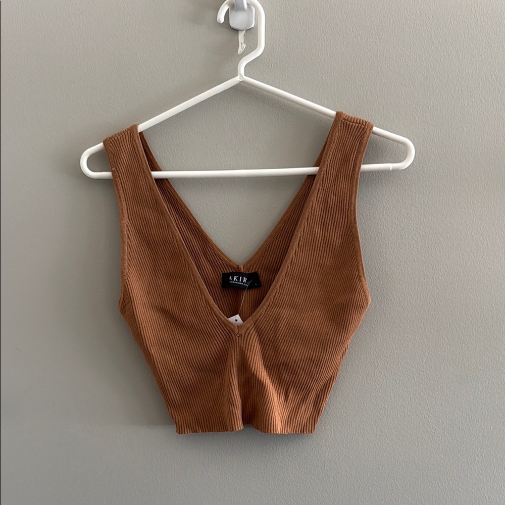 Cognac Ribbed V-Neck Crop Top